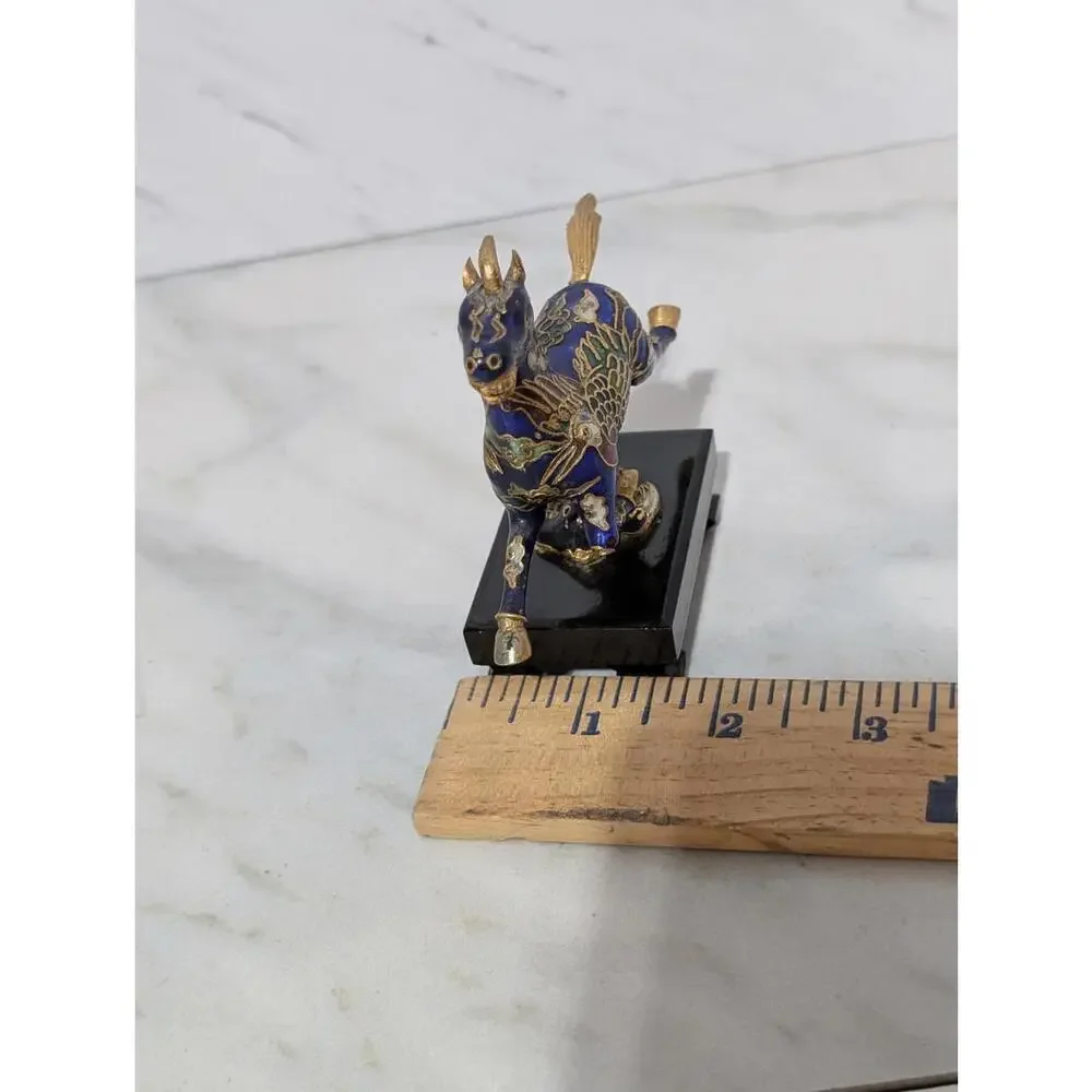 Decorative Cloisonné Horse Miniature Figurine on Black Enamel Wooden Base
